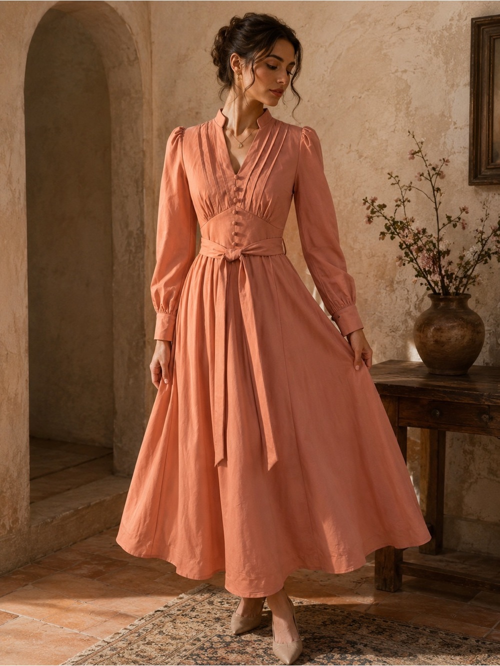 Vintage-Inspired Long-Sleeve Tie-Waist Dusty Pink Midi Dress 187